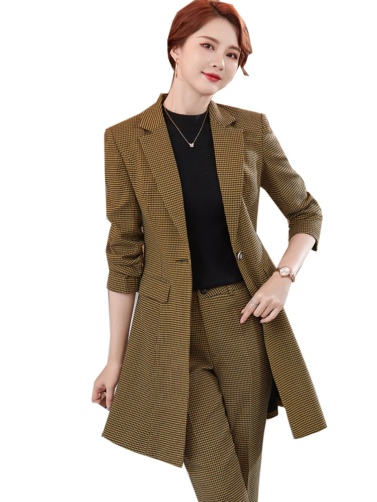 Office Ladies Business Work Wear Formal Pant Suit Women 2 Piece Set Female Long Yellow Gray Red Plaid Blazer And Trousers