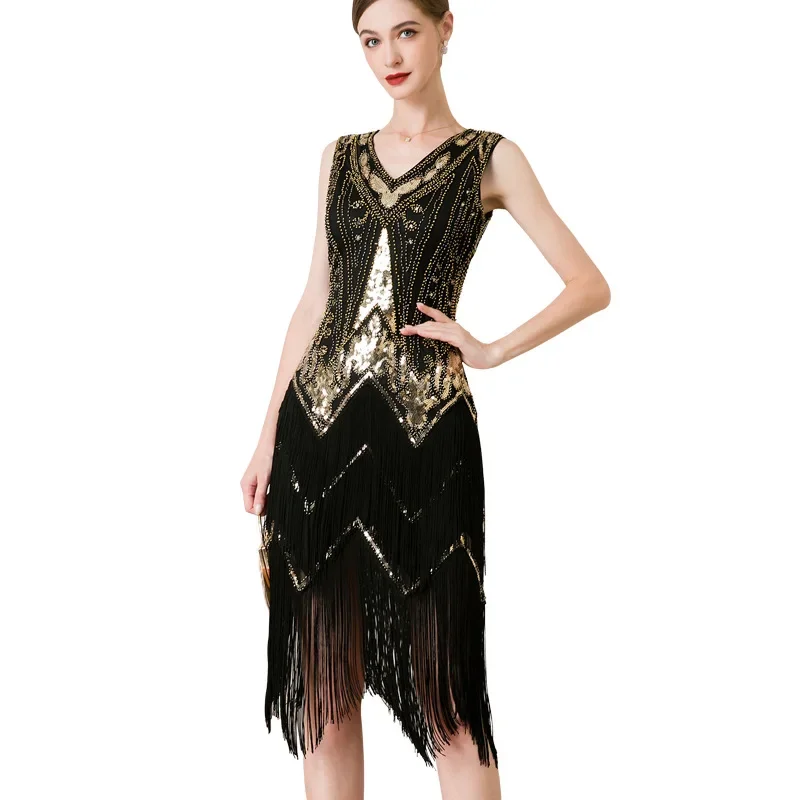 Women 1920s Sleeveless V-Neck Double Layer Tassel Dress Gatsby Cocktail Prom Vintage Sequin Beads Dress Party Dance Dress