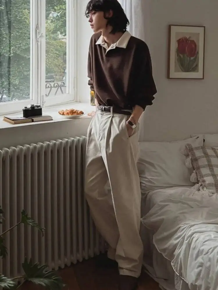 Men's Women Fake Two Piece Shirts Autumn Retro Unisex Pullover Loose Lapel Top Korean Style Trendy Long Sleeve Shirts