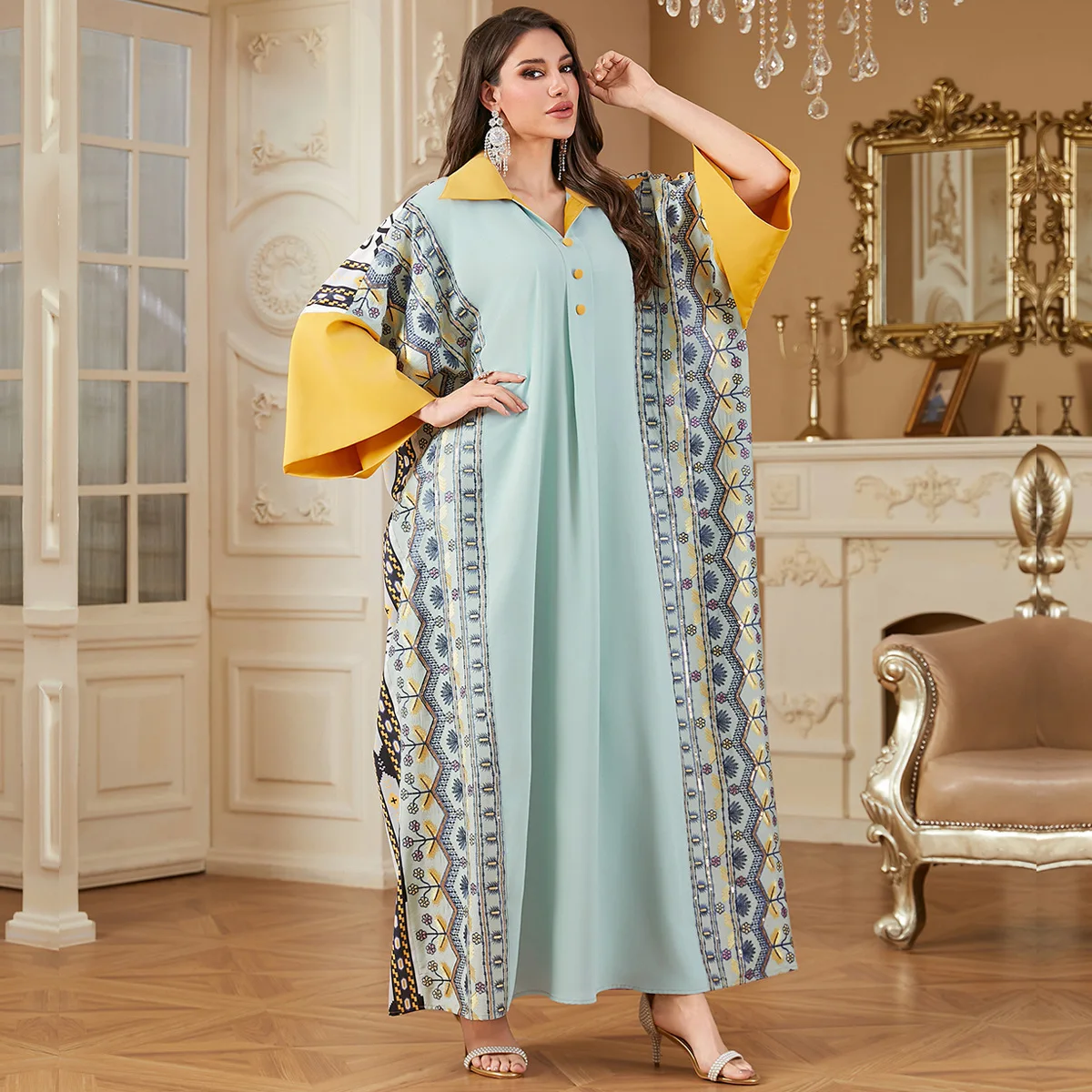 

Кафтан Marocain Femme Musulmane Boubou Robe Print Jalabiya Eid Djellaba Женское мусульманское платье с рукавами «летучая мышь» Вечернее платье Дубай Абая