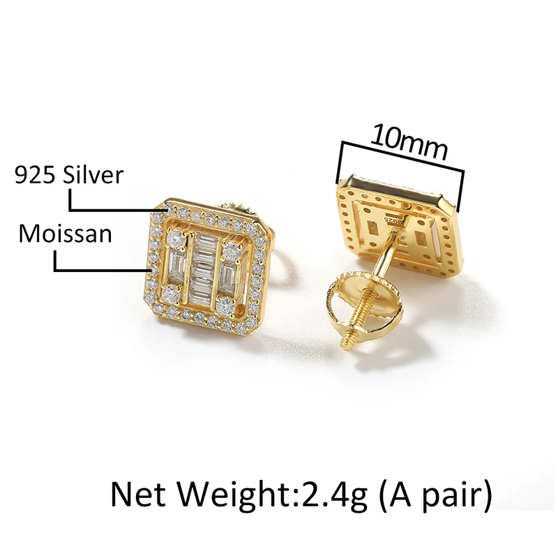 Moissanite S925 Sterling Silver Geometric Stud Earring for Men Women Hip Hop Earrings Bling Ice Out Rapper Jewelry