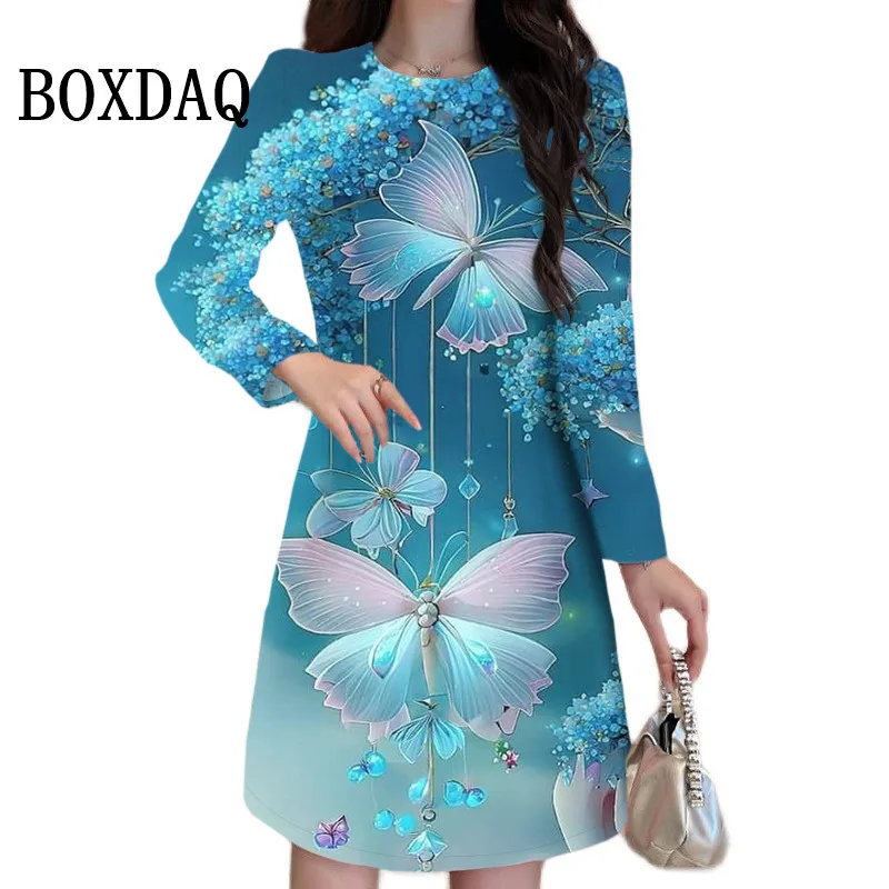 Elegant Ladies 3D Butterfly Dress Long Sleeve Floral Print Women Party Dress Autumn Fashion O-Neck Loose A-Line Dress Plus Size