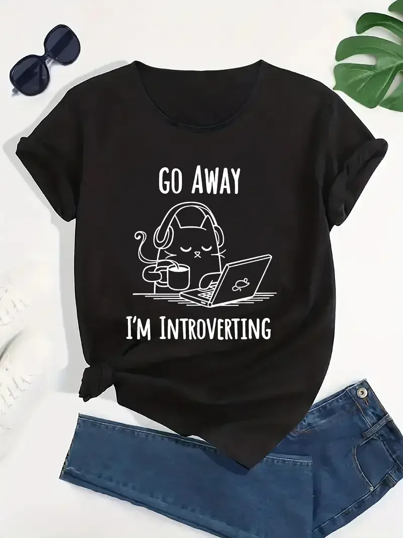 

Plus - Size Women's Black Short - Sleeve T - shirt, Introvert Cat & “GO AWAY...” Print, Humorous & Trendy