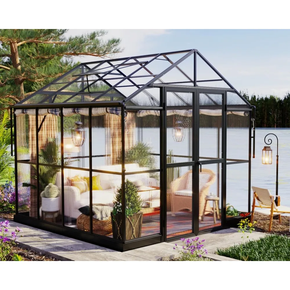 

8x8x7.5 FT Greenhouse with Ventilation and Rain Gutter, Double Swing Doors with Hook, Walk in Greenhouse for Outdoors, Backyard