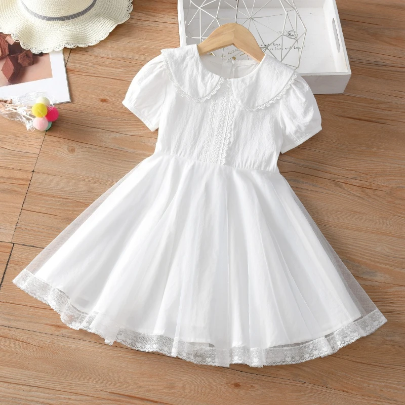 

Girls' White Lace Short Sleeve Dress 2026 Summer New, Princess Gown for Big Kids Breathable Casual Daily Wear
