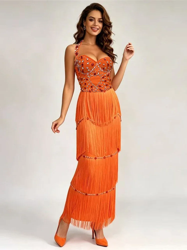 Sexy Halter Neck Rhinestones Tassel Bandage Dress Women Orange Black Sleeveless Diamonds Beaded Bodycon Dresses Evening Party