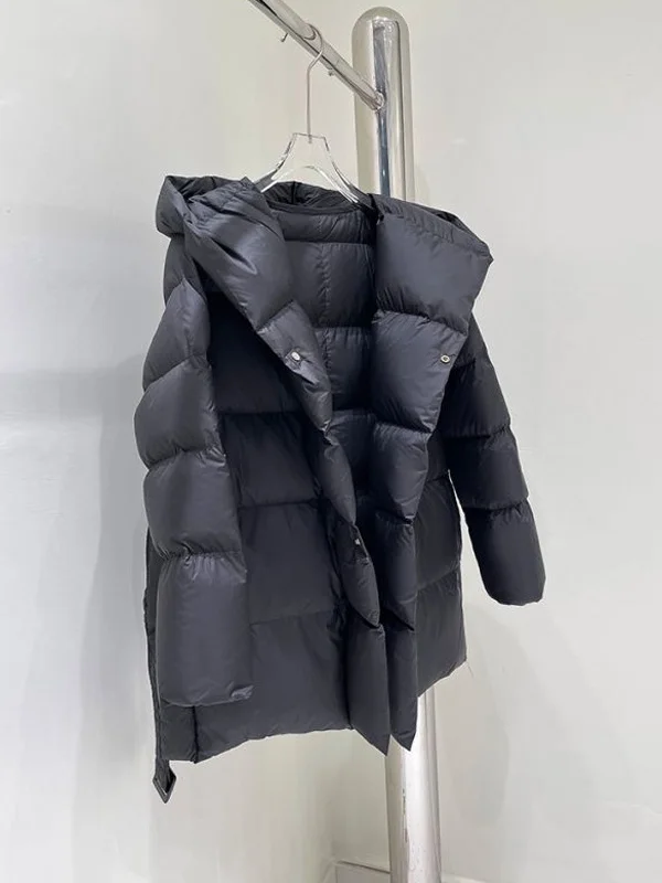 

Trendy Thickened Long Waist-Cinching Belted Black Cotton Jacket Korean Style Pure Color Versatile Winter Outerwear Coat