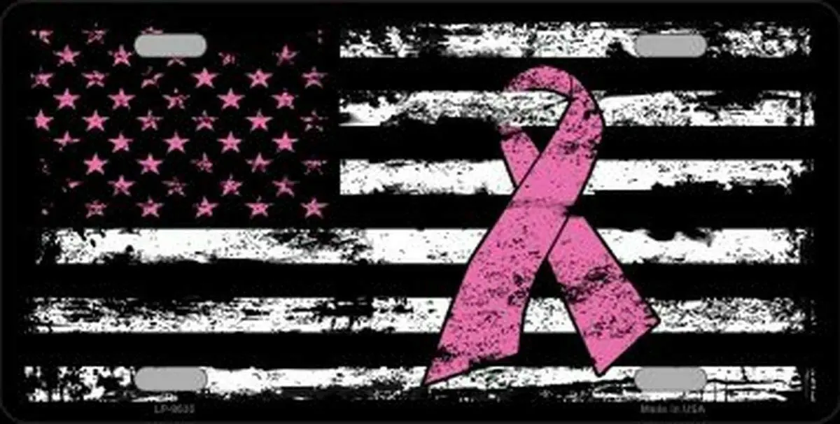 Breast Cancer American Flag Pink Car Front Metal Sign Motorcycle with 4 Holes Metal License Novelty Tag 12x6 Inch Plaque