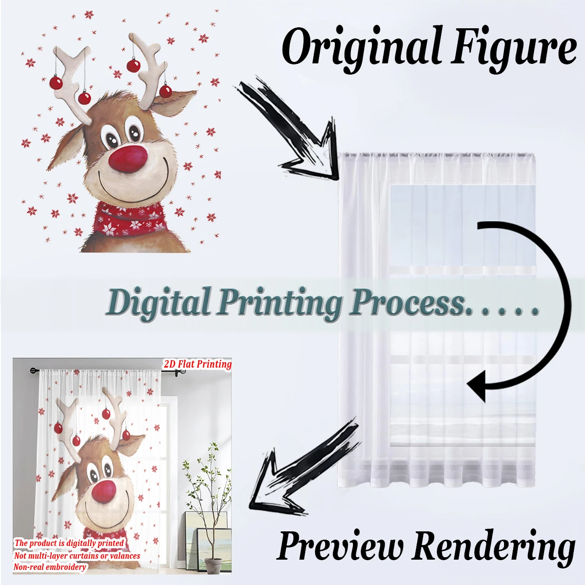 Christmas Flat Printing Sheer Curtain with Star Reindeer Bell Flowers for Living Room Bedroom Decor Holiday Party