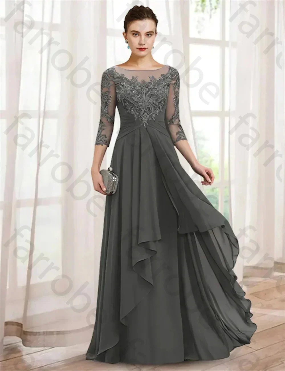 فساتين أم العروس المخصصة فستان أنيق لحفلات الزفاف 3/4 كم طول الأرض دانتيل مع كشكشة مزينة بفساتين