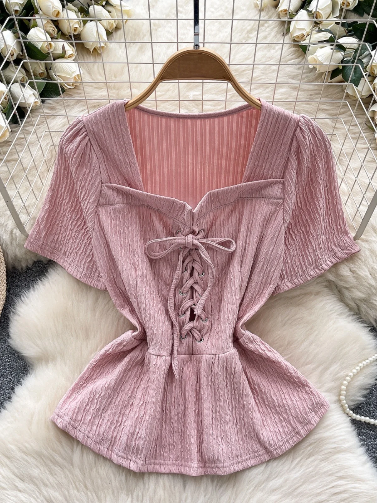 Hebe Style Short Sleeve Doll Shirt Women's Summer Tie Texture Small Size Elegant Design Beautiful Top Trendy Korean Loose Fit