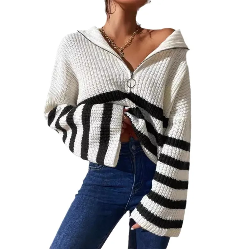 Pull ample à manches longues évasées pour femme, rayé, fermeture éclair, col montant, tricot, épais et chaud, Vintage, automne hiver 2025