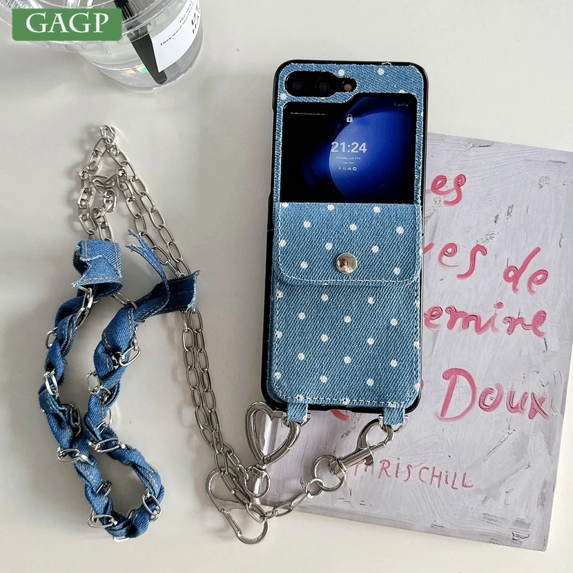 

Denim Fabric Wallet Wrist Bracelet Dots Case For Samsung Galaxy Z Flip 6 5 Fold 4 3 Card Solt Bag Crossbody Strap Lanyard over