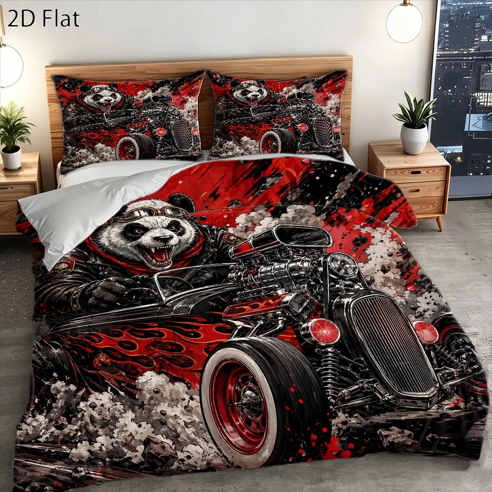 3-Piece Personalized Panda Racing Theme Duvet Cover Set, Three-Piece Bedding Set (1 Duvet Cover + 2 Pillowcases), Suitable for All Seasons, Machine Washable Bedding, Includes Invisible Zipper Double Bed Cover Set, Suitable for Home, Dormitory, Master Bedroom, Guest Room, Large Duvet Cover Available, Trendy Punk Style Car-Themed Bedding Set, Durable and Washable Bedding, Personalized Decorative Bedroom Bedding Set, High-Thread-Count, High-Density, Comfortable and Skin-Friendly Bed Cover, European and American Style Creative Cartoon Bedding Set