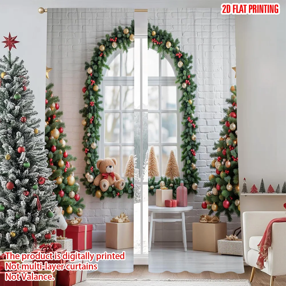 

2pcs 2D flat printing Merry Christmas Popular Curtains Vintage Stone Christmas Brick 100% Polyester Without Electricity Family