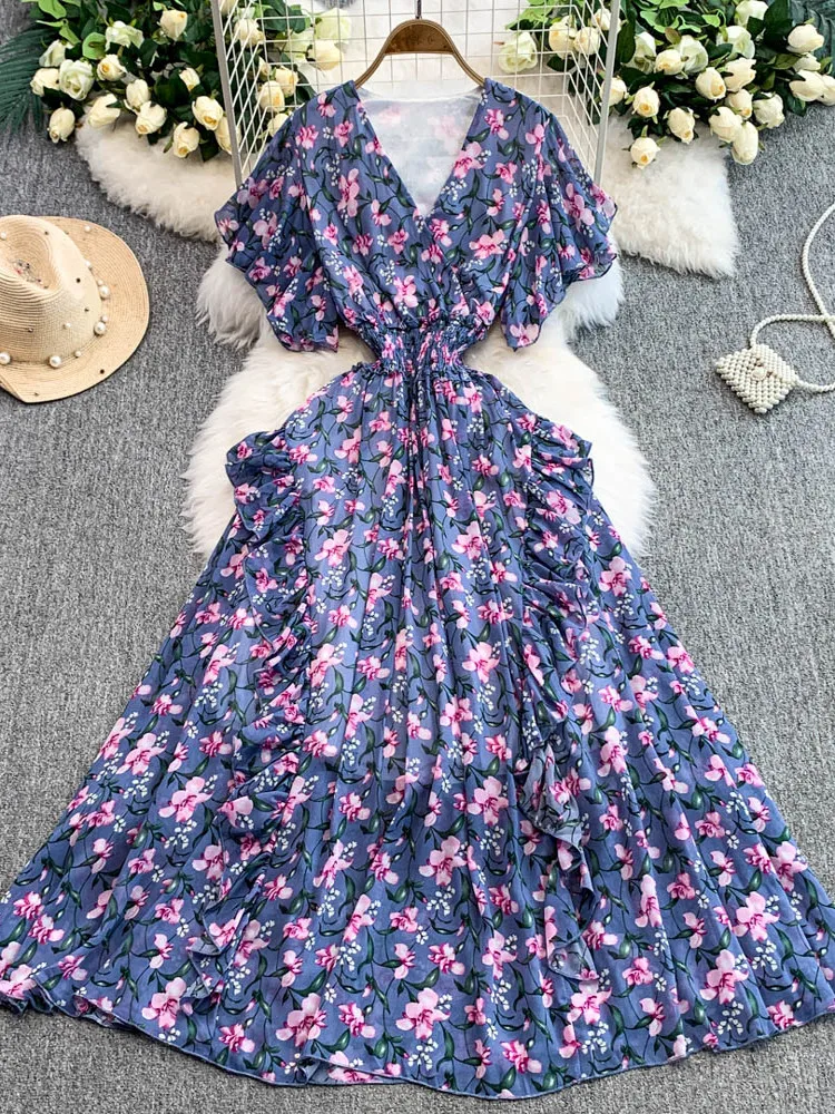ビーチバケーションロングVネック細見えウエストスカート レディース 夏 2025 新作 セクシー 花柄プリント シフォンAラインスカート