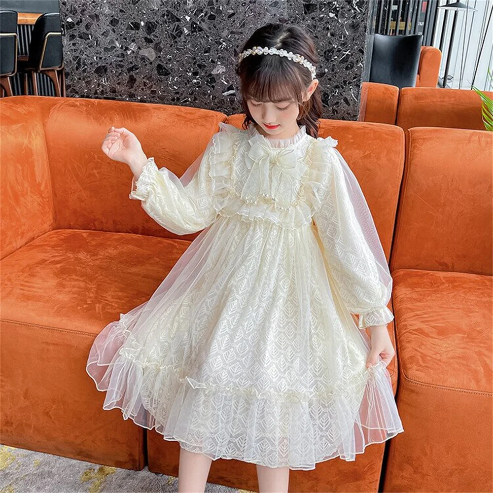 

2303 Fashionable Long Sleeved Girl's Bow Knot Dress Mesh Fluffy Skirt Children's Dress Petal Sleeve Princess Skirt