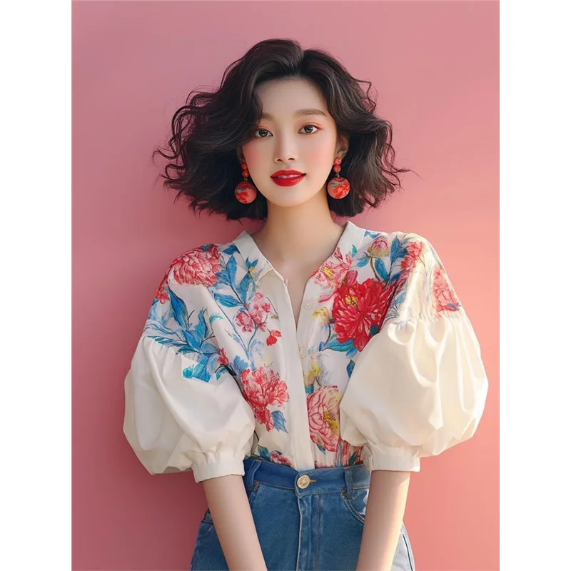 Elegant Floral Print Shirt Beautiful Bubble Sleeve Cotton Women's Neck Button down Slim Fit Summer Fashion Lady Style