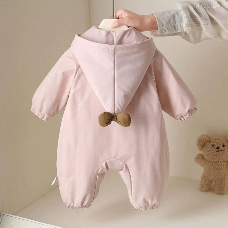 Winter Rompers Baby Girls Clothes Korean Fashion Pink Cute Hooded Bow Warm Thicker Jumpsuit Infant Costume Newborn Items B383