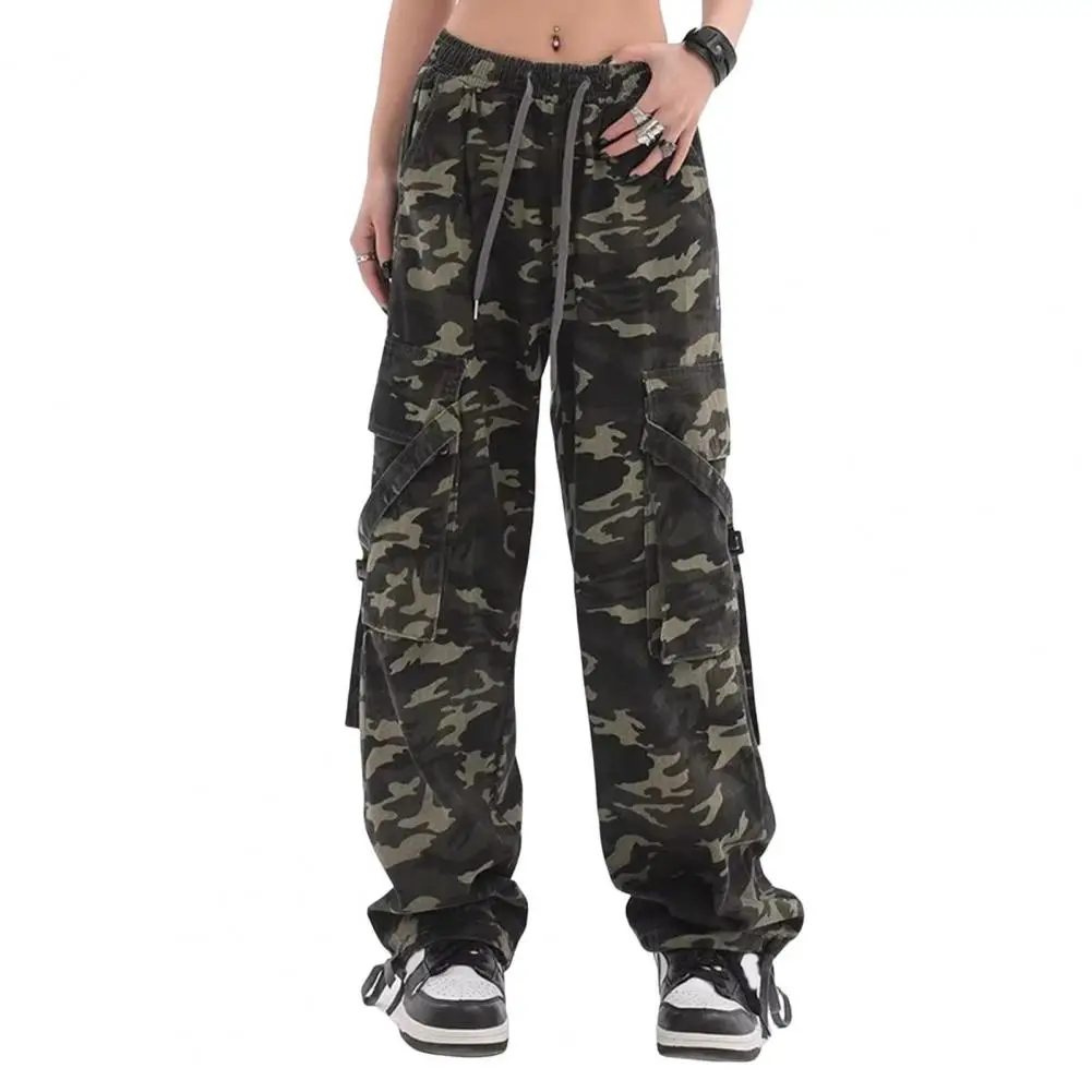 

Women Cargo Pants Camouflage Print Multi Pockets Lace-Up Detail Long Pants Straight Wide Leg High Street Pants