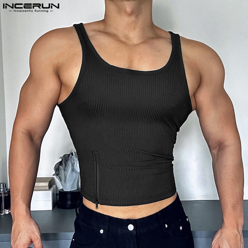 INCERUN Men Fashion Casual Tanks Korean Style Sleeveless Zipper Tops Summer Sexy Solid Round Neck Tees Well Fitting Male Vests