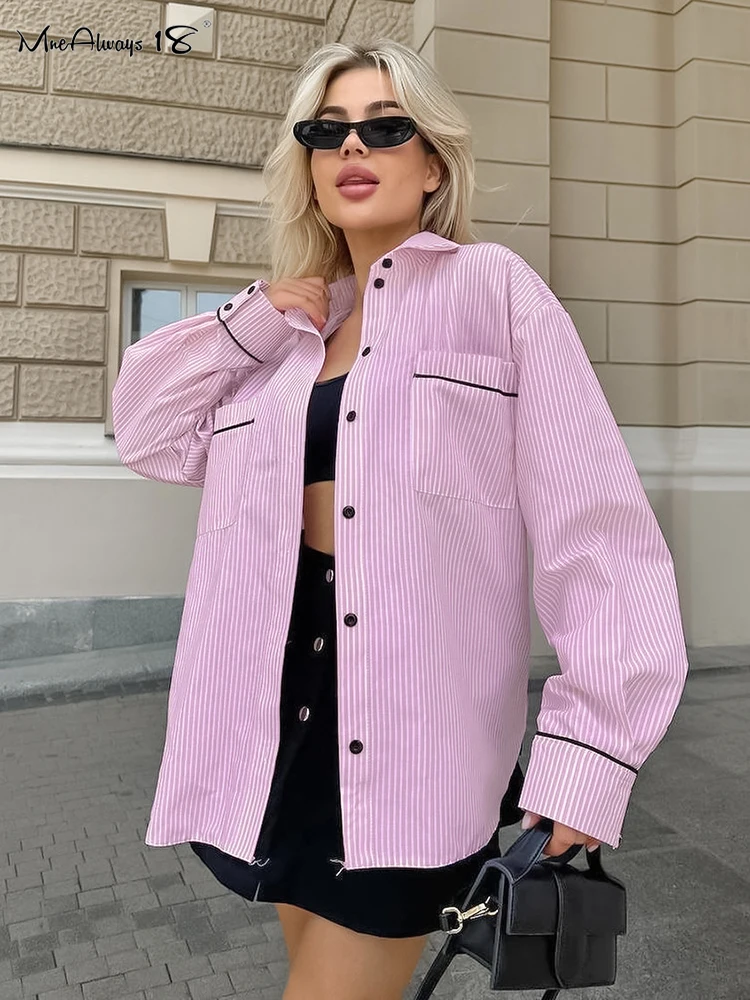 Mnealways18 Pink Stripe Casual Women Shirts Patchwork Chic Pockets Long Sleeves Tops Autumn Office Ladies 2024 Casual Blouses