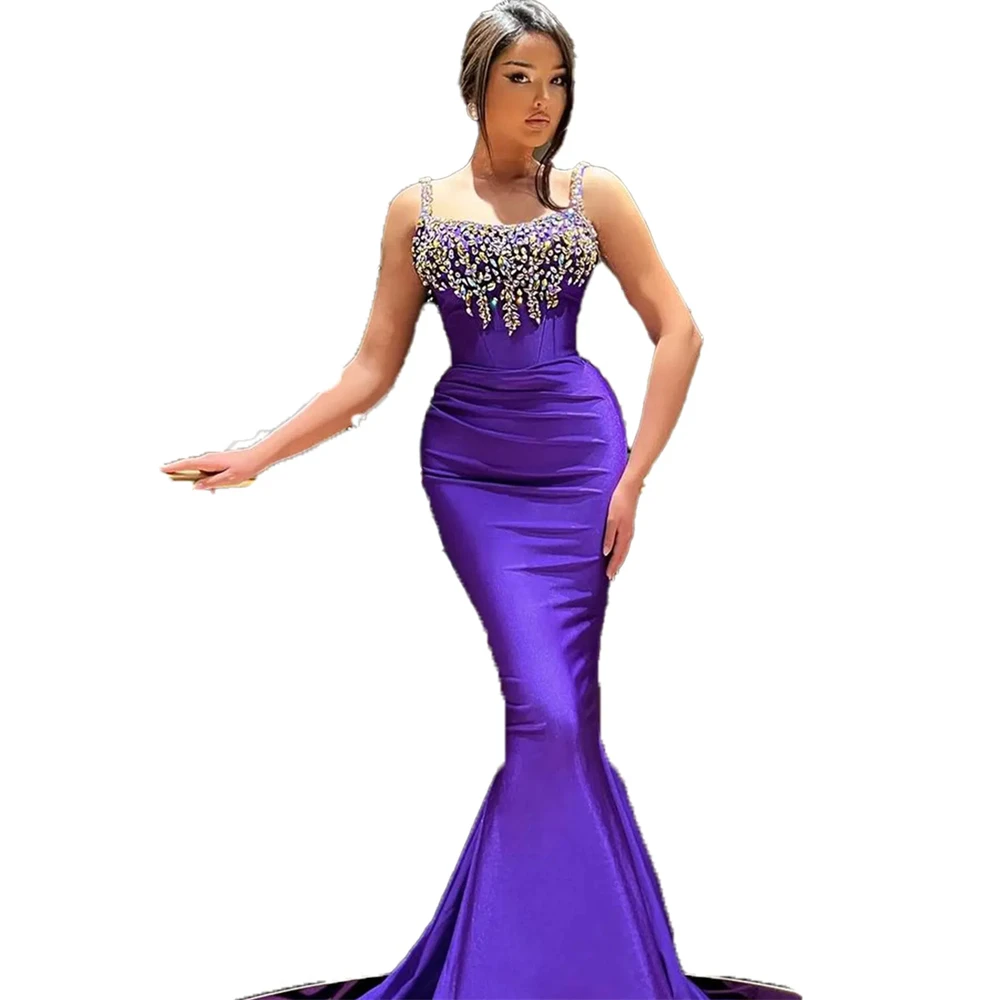 Vestido de noche de sirena púrpura elegante, vestido largo con tirantes finos, cuentas de cristal, largo hasta el suelo, vestidos para ocasiones especiales de cumpleaños