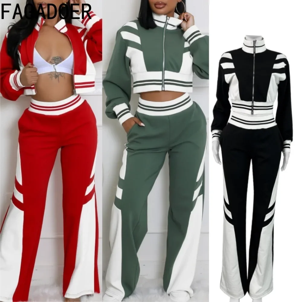 

FAGADOER High Quality Fashion 2 Piece Sets Women Outfit Color Blocks Striped Patchwork Crop Top + Pants Suit Streetwear Clothing