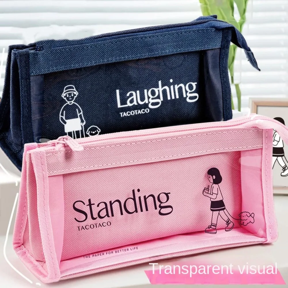 Multi Layer Canvas Transparent Pencil Case Minimalist Style Japanese Cartoon Pencil Pouch Zipper Stationery Holder Bag