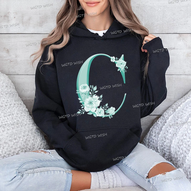 New Women Hoodies Surname First Letter Print Hooded Creative Floral Alphabet A-Z Long Sleeve Sweatshirts Female Y2K Sudaderas