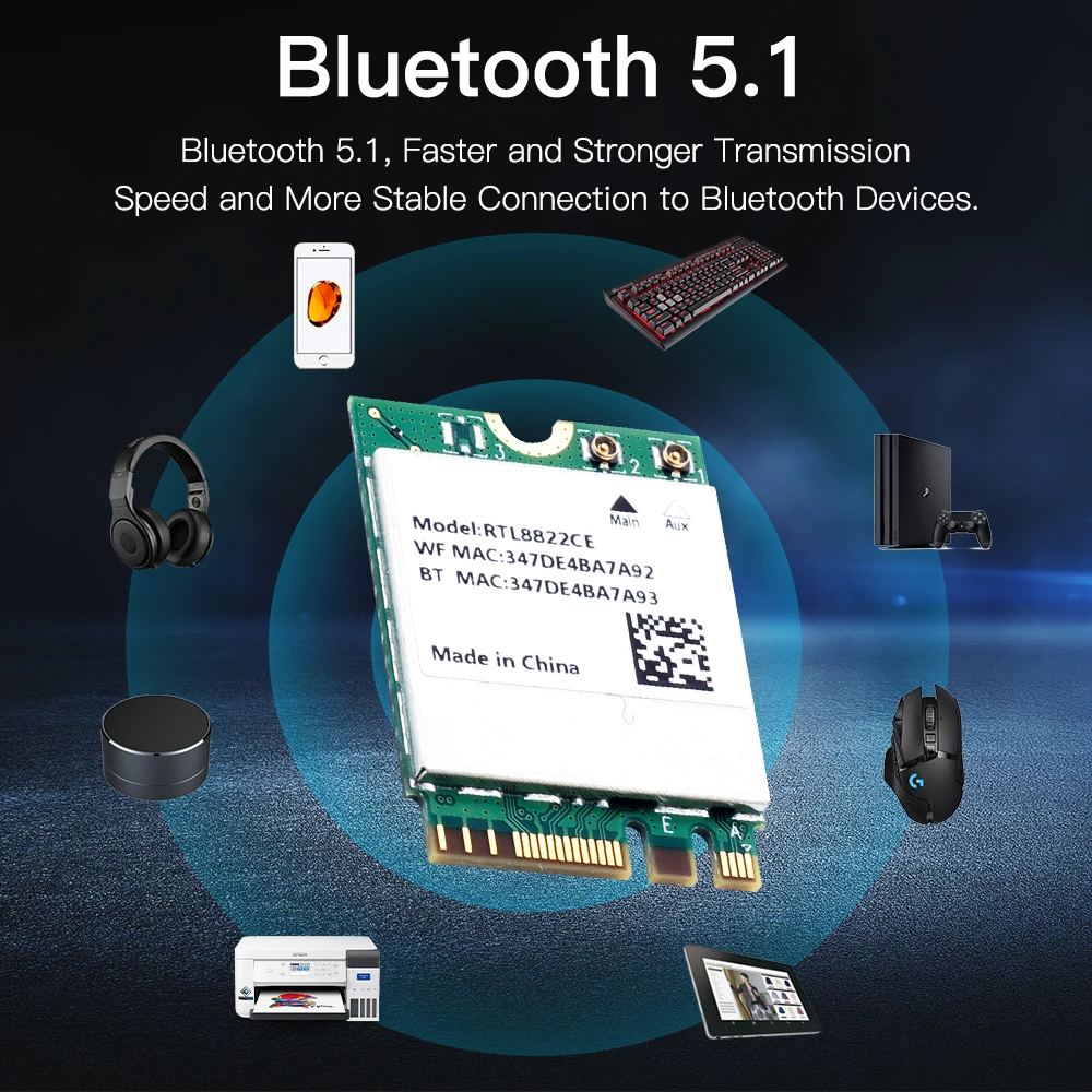 fenvi 1200Mbps RTL8822CE WiFi 5 Card  Bluetooth 5.1 Dual Band 2.4G/5GHz M.2 Network Wireless Adapter for Windows 10/11