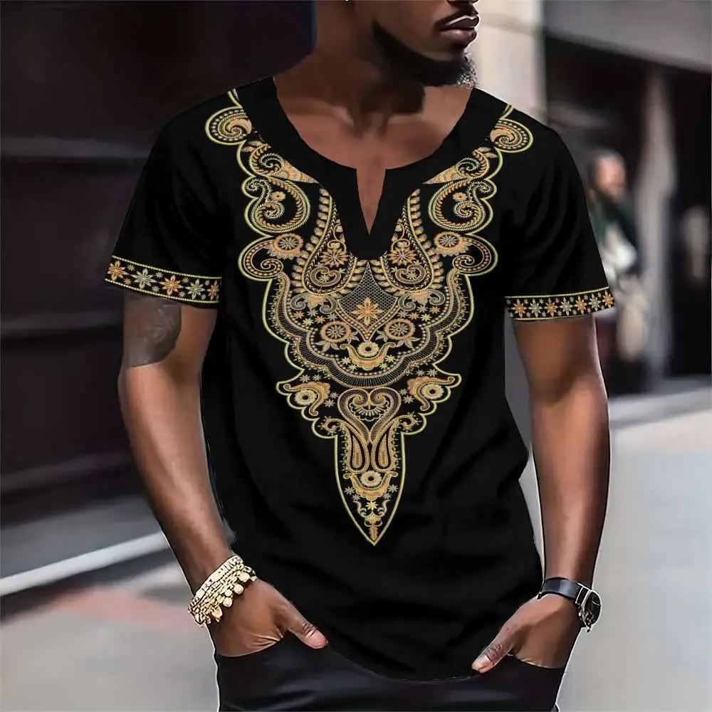 Fashion Men\'S T Shirt V-Neck Oversize Traditional Dashiki Men\'S Clothing Summer African Festival Enssential Men Tops T-Shirt