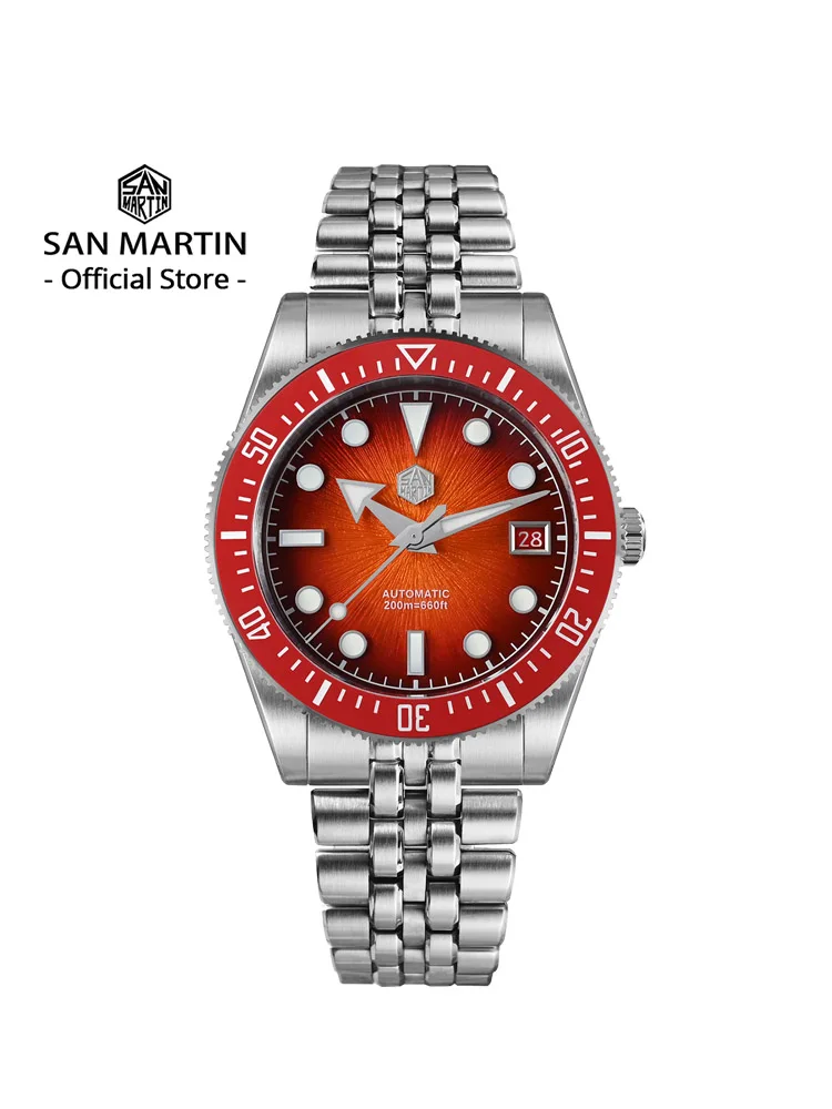 San Martin 37.5-40mm Limited Edition Red JianZhan Enamel Sunburst Dial Men's Diver Watch Miyota 9015 Automatic Mechanical SN0148