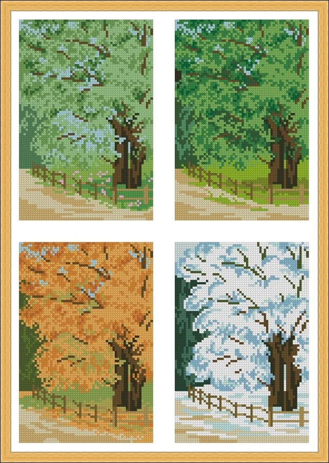 Embroidery Cross Stitch Kits Craft DIY Needlework Cotton Canvas 7-Forest Path in Four Seasons 32CT 28CT Metallic aida