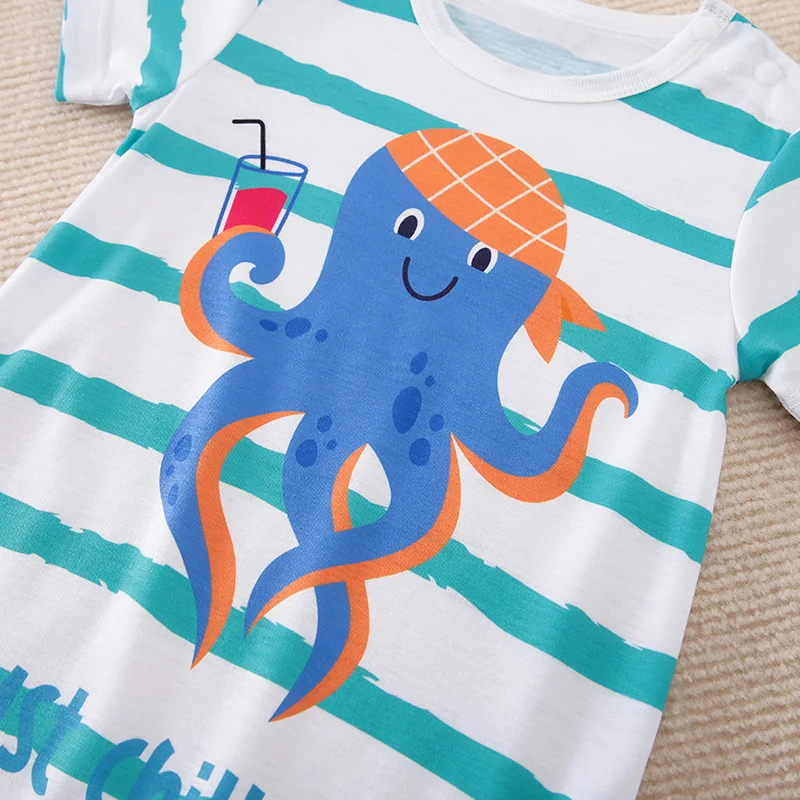 3month To 2-year-old Baby Costume Boys Cartoon octopus Rompers  blue striped   Baby Boys Thin Rompers