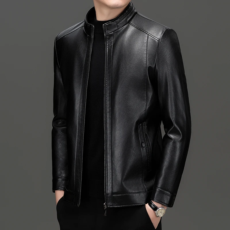 Stylish Men Autumn PU Leather Jacket Stand Collar Zip Front Faux Fur Coat Male Effortless Outerwear Fitting Outfit Smart Casual