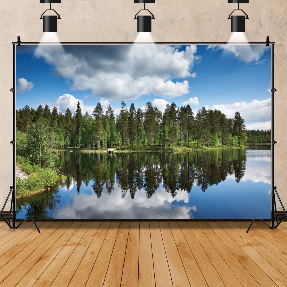 ธรรมชาติพื้นหลัง Lake Mountain ต้นไม้ป่าสีเขียวหญ้าท้องฟ้าสีฟ้ามีเมฆ Scenic การถ่ายภาพฉากหลัง Photocall Photo Studio