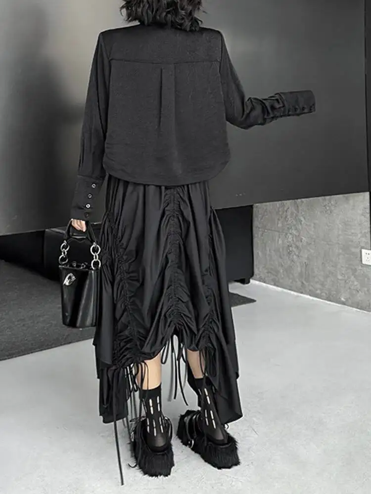 Mulheres preto texturizado tamanho grande elegante blusa curta nova lapela camisa de manga longa moda maré primavera outono