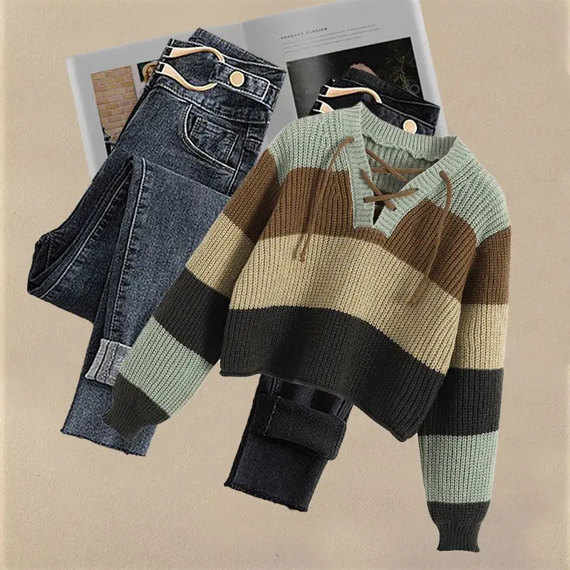 Spring Autumn Chic Stripe Bandage Short Sweater Pullover Denim Pants 1 or Two Piece Set Lady Fashion Jeans Knitted Tops Outfits image 2