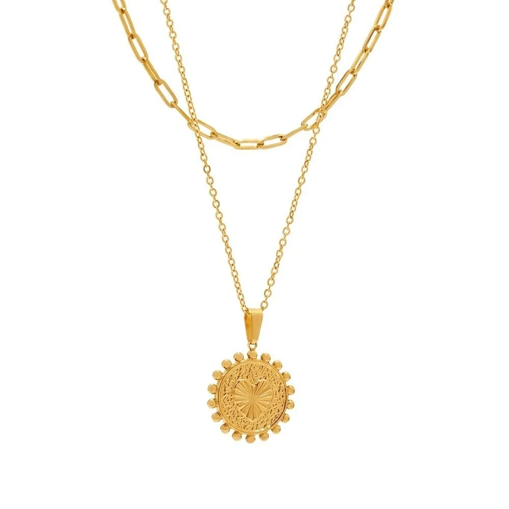 

Fashion Sun Heart Pendant Necklace Stainless Steel Luxury Double Layers Clavicle Chain Handmade Fashion Statement