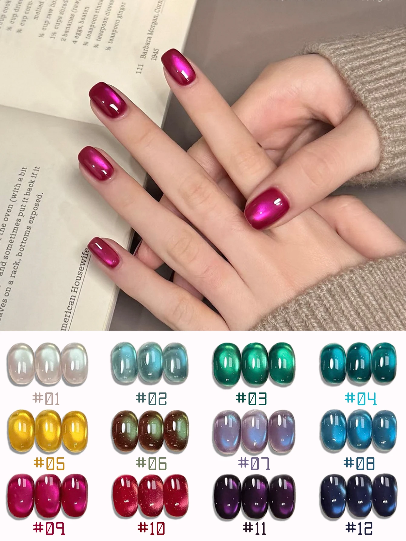 1/12 قطعة 2025 مسمار الفن المرأة عدة الخريف والشتاء الزجاج الخرز تألق الملونة الأزرق الأرجواني الأصفر القط العين UV هلام طلاء الأظافر #6