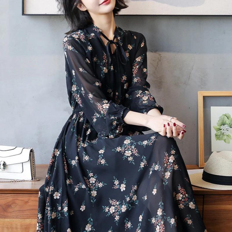 

Women Floral Dresses A Line Lace Up Dress Ankle Lenth Long Sleeves Waist Cinch Slim Fit Casual Office Lady Elegant 2026 Summer