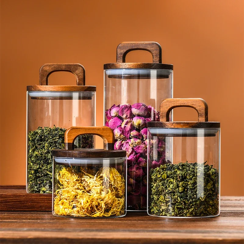 Verdicktes Glas, versiegeltes Glas mit Holzdeckel, wasserdicht, feuchtigkeitsbeständig, Aufbewahrungstablett für Kaffeebohnen, transparenter Tee-Müslibehälter