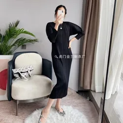 Miyake Pleated Dress Women 2024 Spring Autumn New Round Neck Long Sleeve Solid Color Mid-length Fashionable High-end Long Skirt