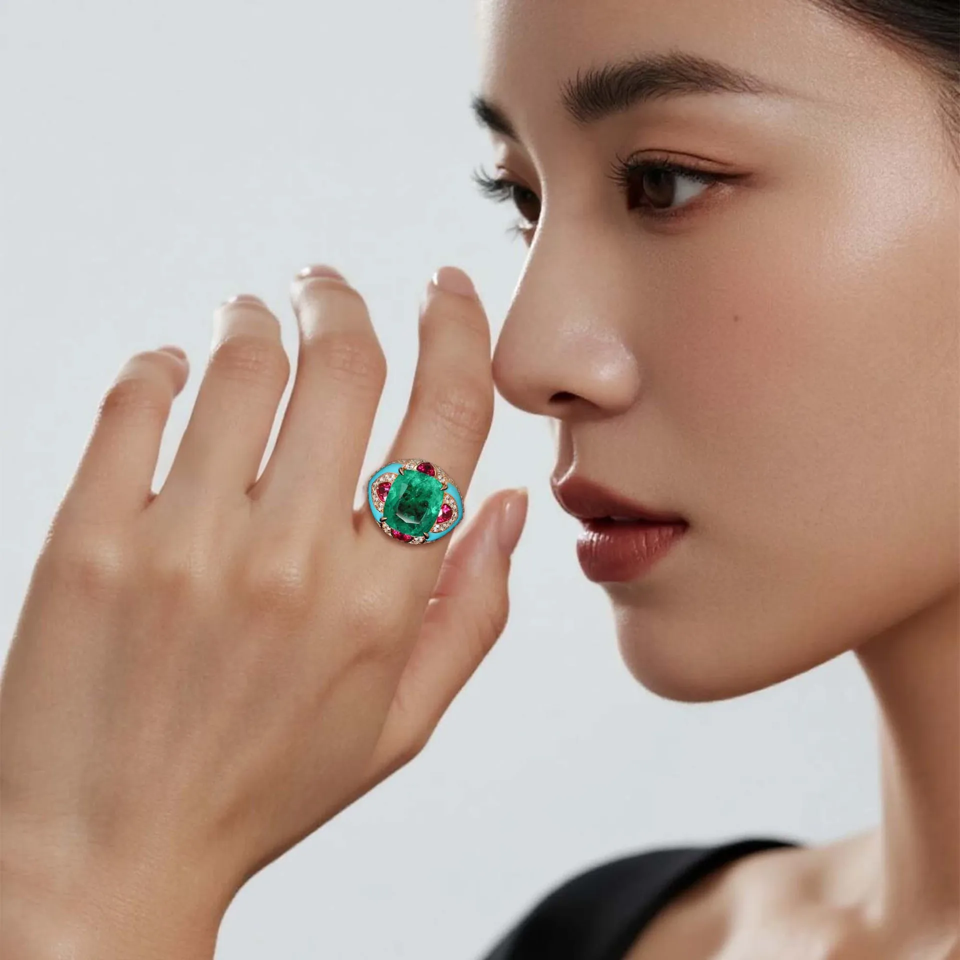 Lab-Grown Pigeon Blood Ruby Emerald Cocktail Ring 925 Sterling Silver Fine Jewelry Engagement Daily Gift For Men And Women