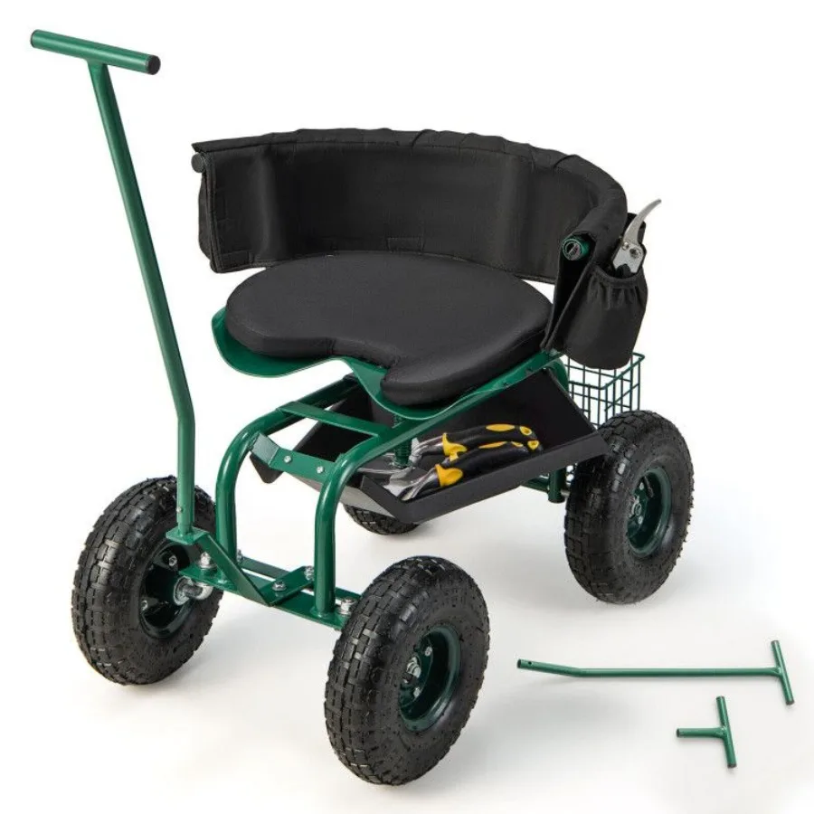 

Rolling Garden Cart for outdoor use, steel frame, green color, height adjustable swivel seat and spacious storage basket