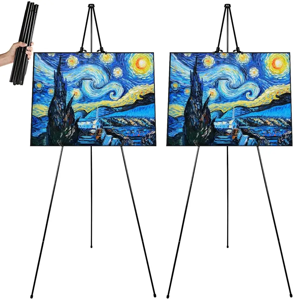

Набор из 2 складных напольных мольбертов для художников, 63 дюйма, для демонстрации картин, черные мольберты для свадебных фотографий