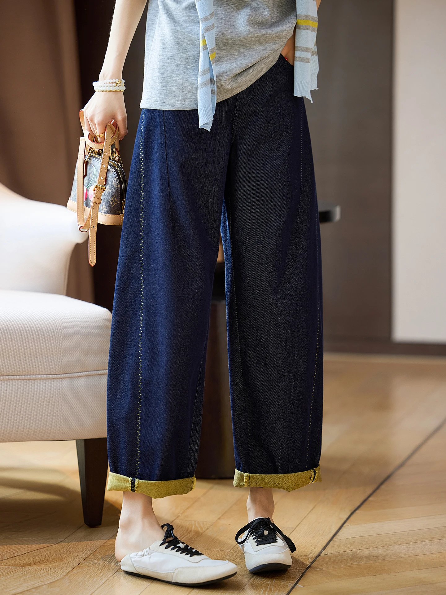 

Loose Wide Leg Denim Jeans for Women Spring New Style High Waist Straight Color Block Casual Comfortable Breathable Ladies Jeans