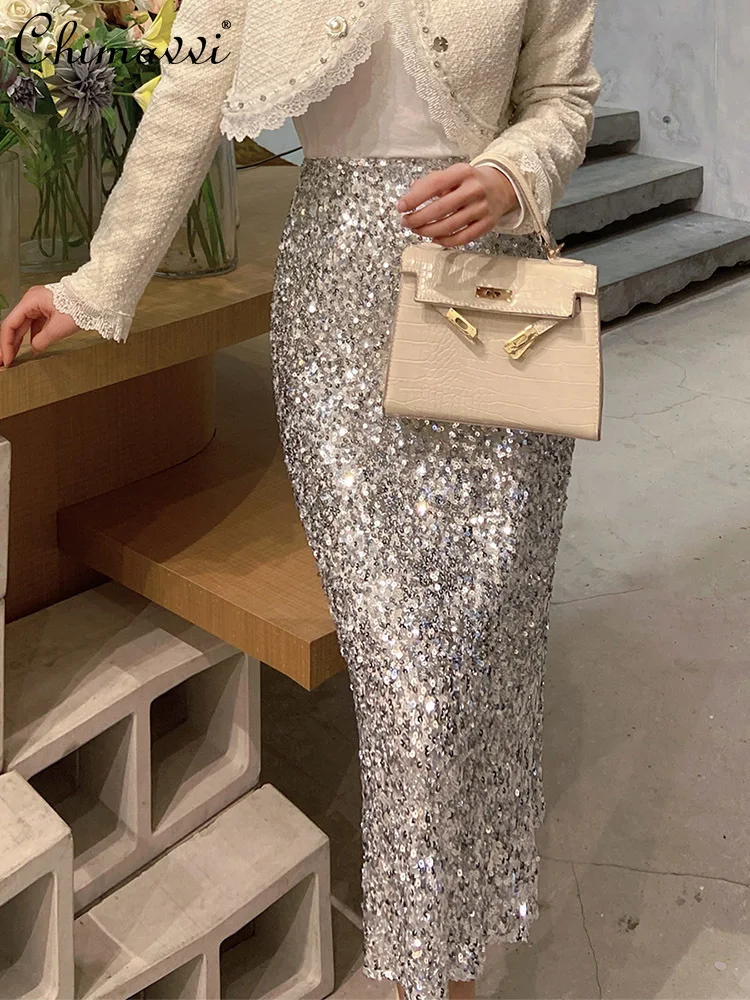 

Fashion Shiny Sequins Silver Slim Skirt Women's Winter New High Waist Night Club Style Elegant Hot Girl Mid-Length Hip Skirt