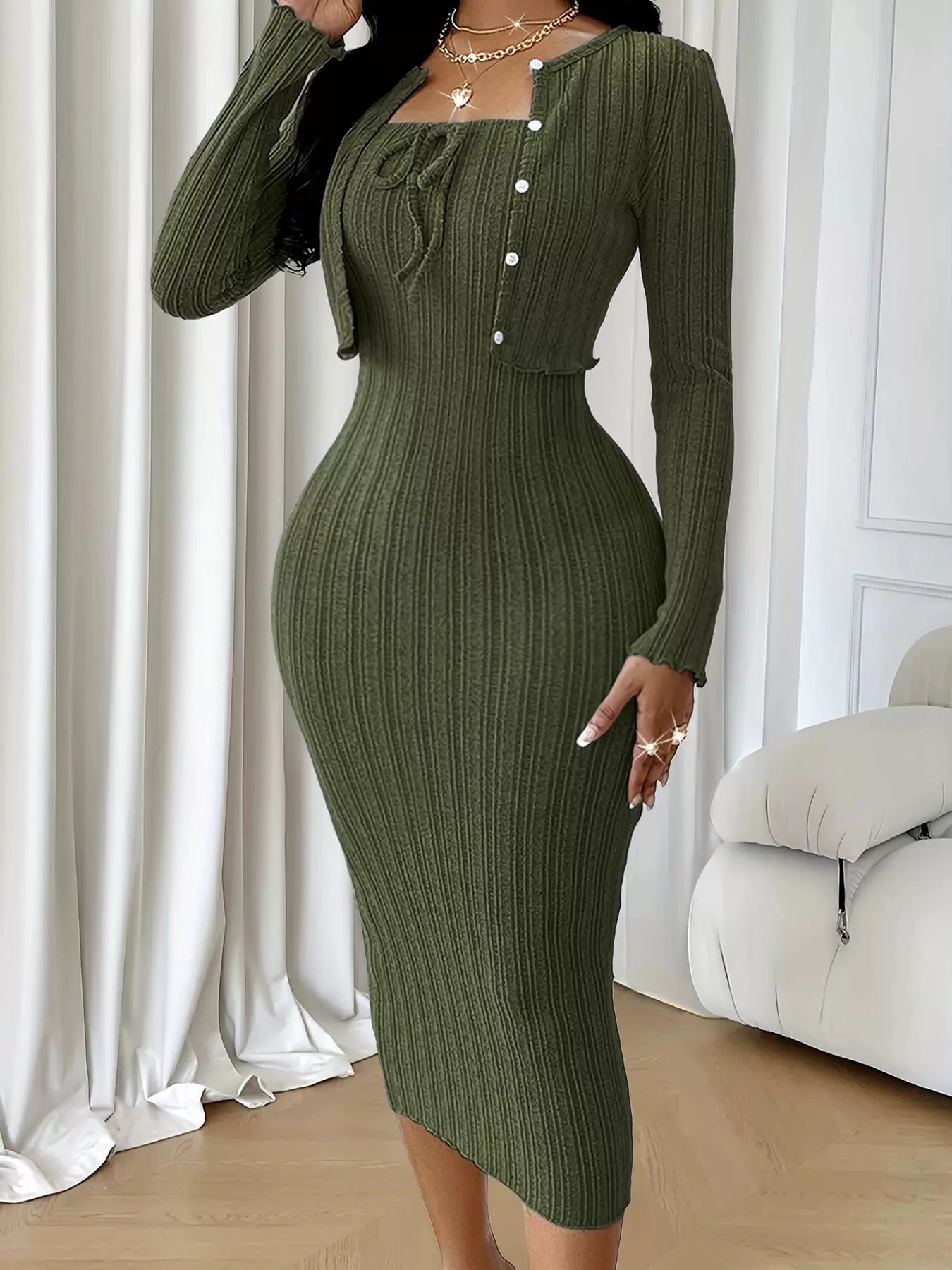 

Autumn Winter Women's Clothing New Item Solid Color Fashion Single Breasted Short Top Slim Fit Dress Two-piece Set